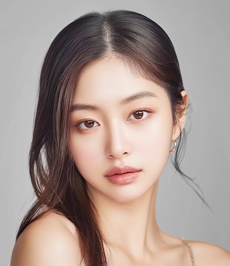 밝은 회색 배경 앞에서 정면을 바라보는 여성 모델