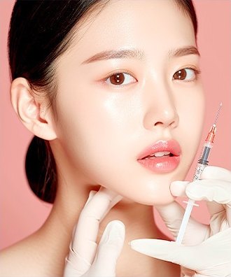 장갑 낀 손이 여성의 턱 옆에 주사기를 대고 있는 미국 보톡스 시술 이미지