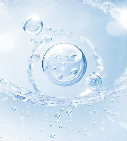 澄んだ水の中に浮かぶ大きな透明のバブル — 内側に分子構造のような点と線が透け、周りを大小の気泡と渦巻く波が包んでいる